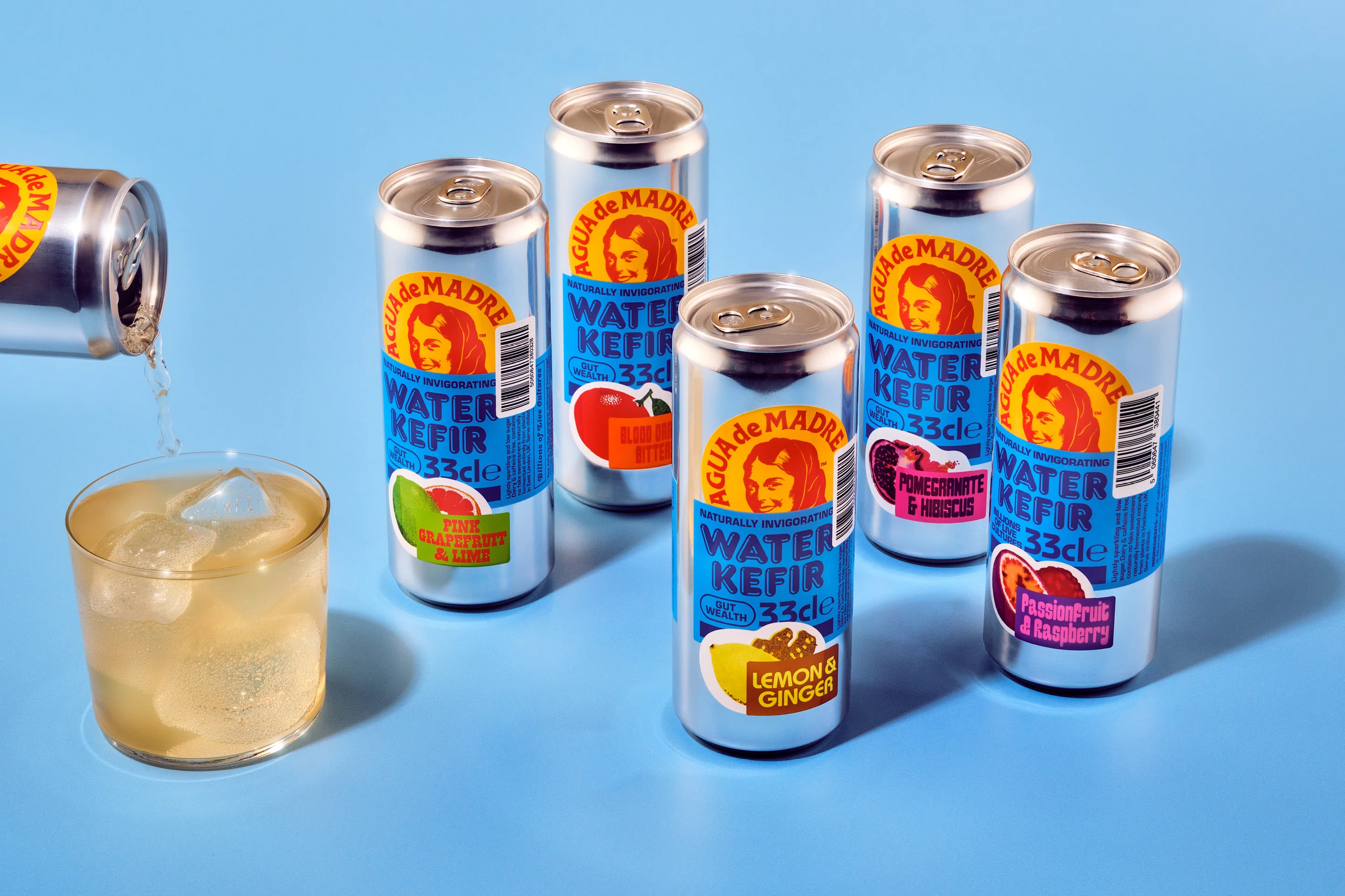 Logotype, typography, animation and packaging for fermented sparkling kefir water Agua de Madre designed by Chris Chapman. 