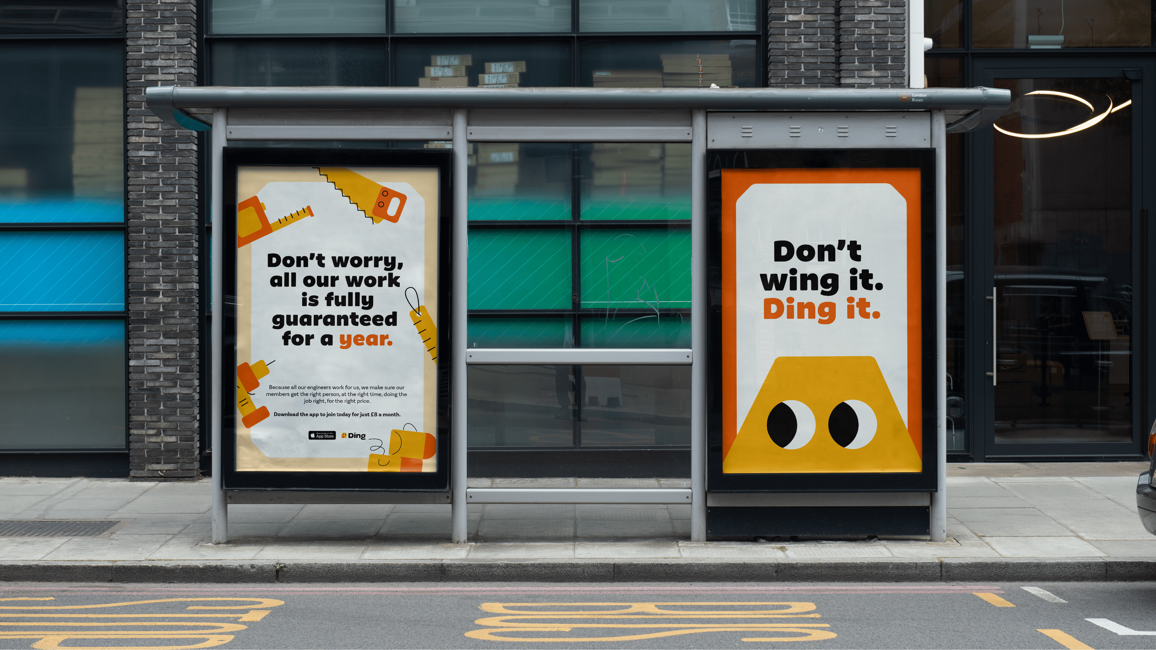 Logo, branding identity and mascot design for home improvements app Ding designed by Wildish & Co. 