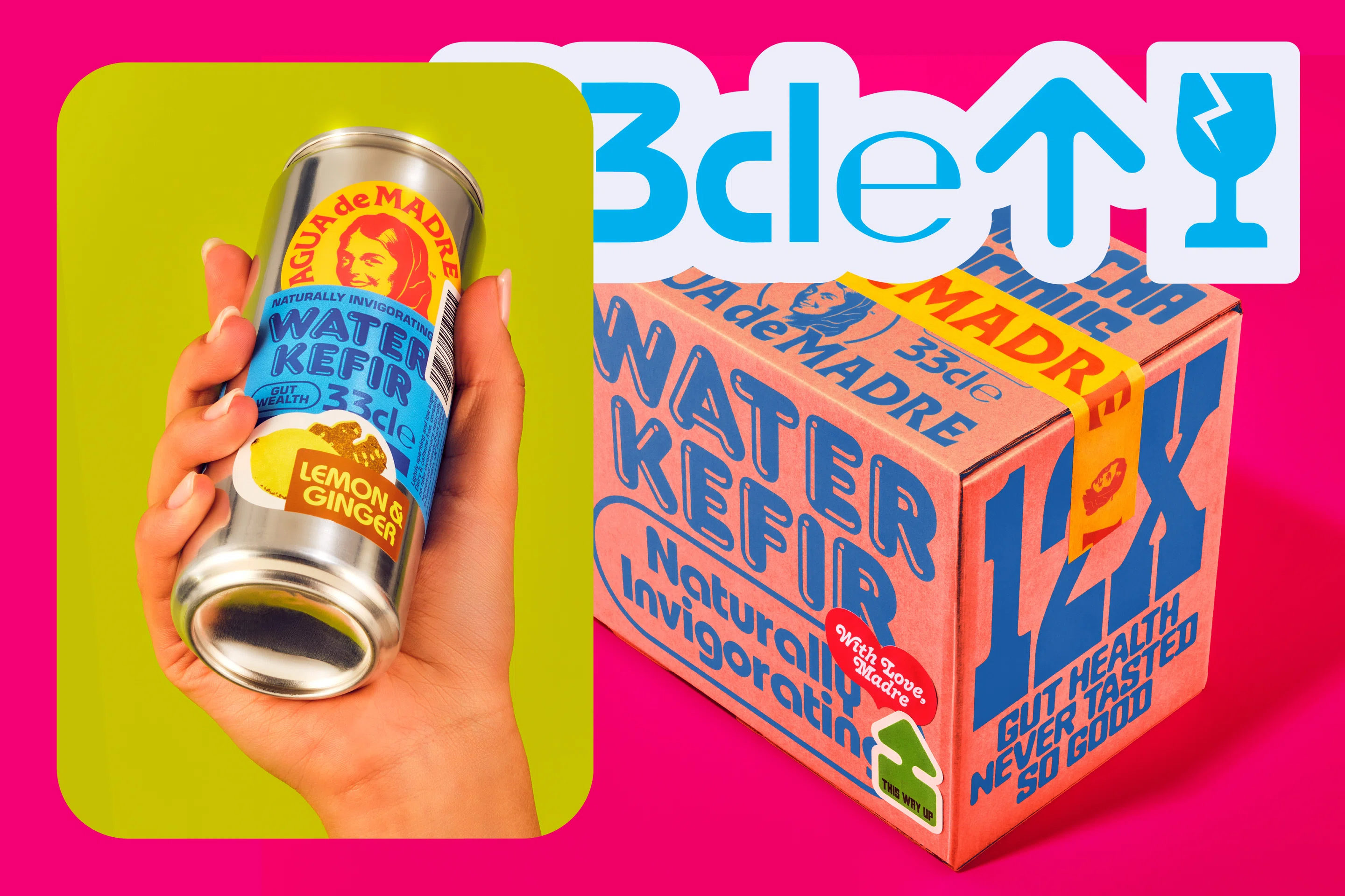 Logotype, typography, animation and packaging for fermented sparkling kefir water Agua de Madre designed by Chris Chapman. 