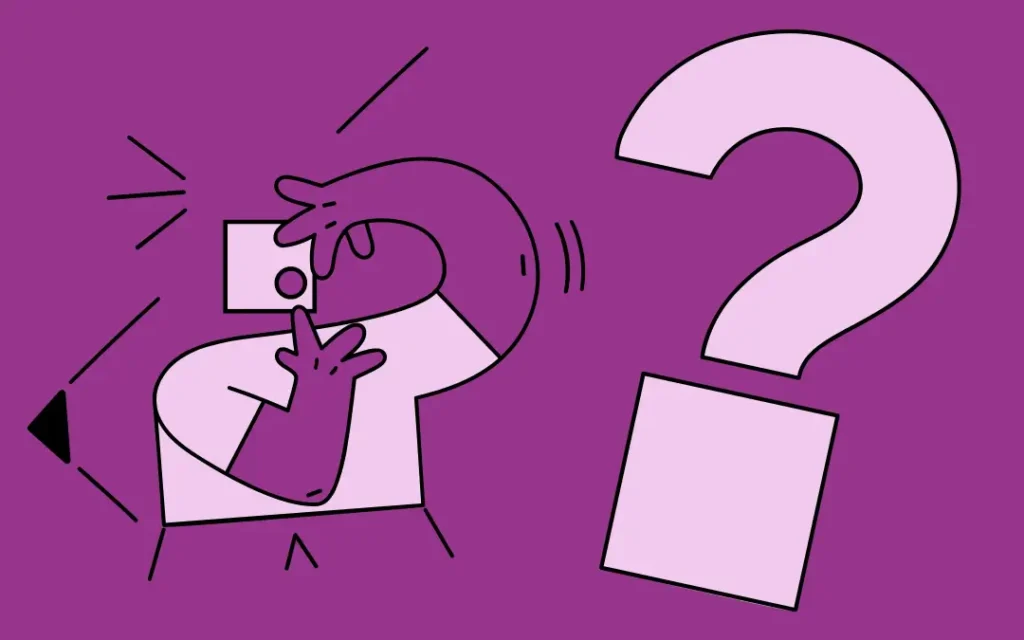 Black line art illustration of a person in front of an oversized question mark on a purple background.
