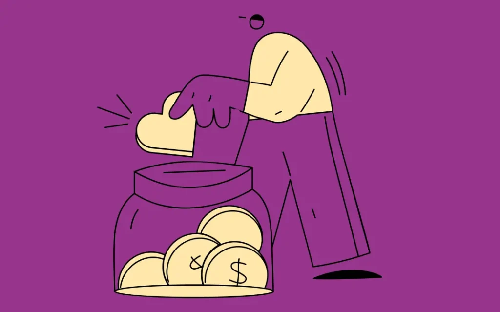 Line art illustration of a figure adding a heart shaped coin to a savings jar to demonstrate being emotionally invested.