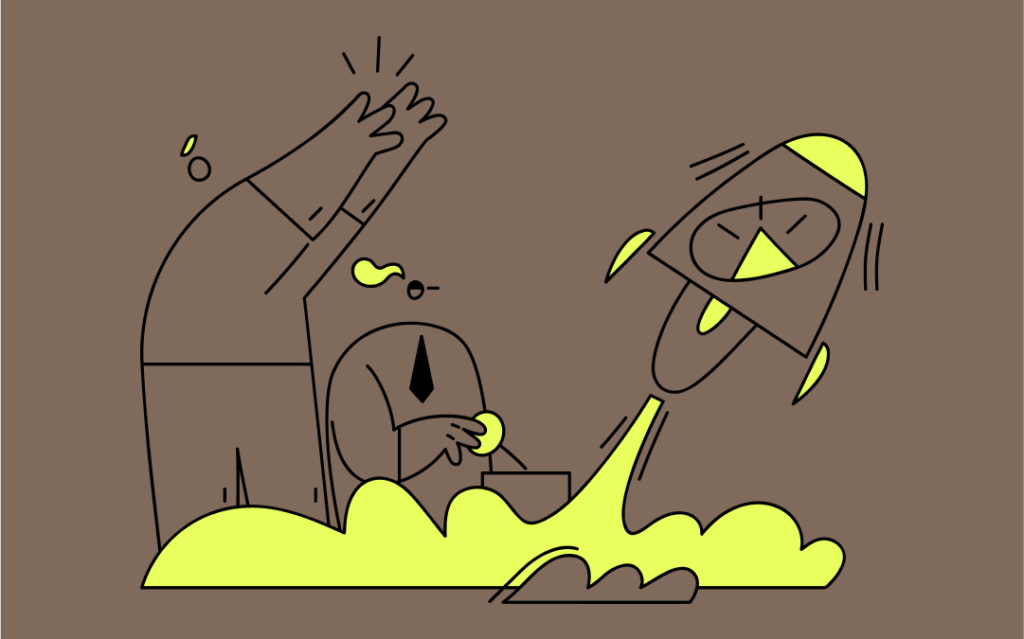 Line art illustration on a brown background of a rocket ship blasting off.