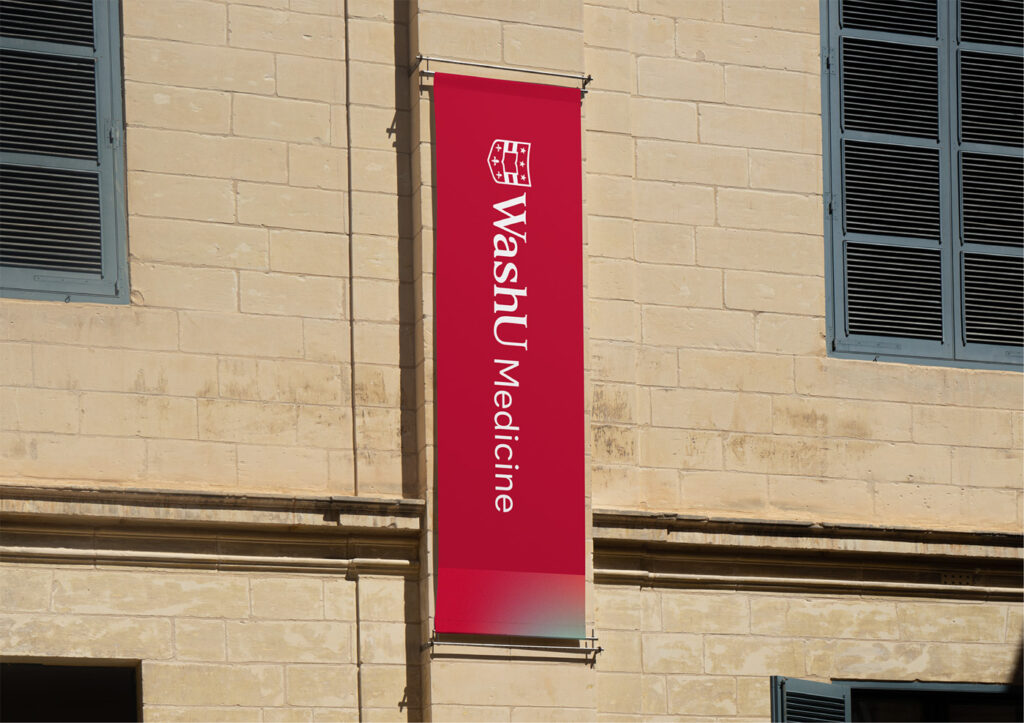 WashU Medicine brand identity applied to flagpole banners