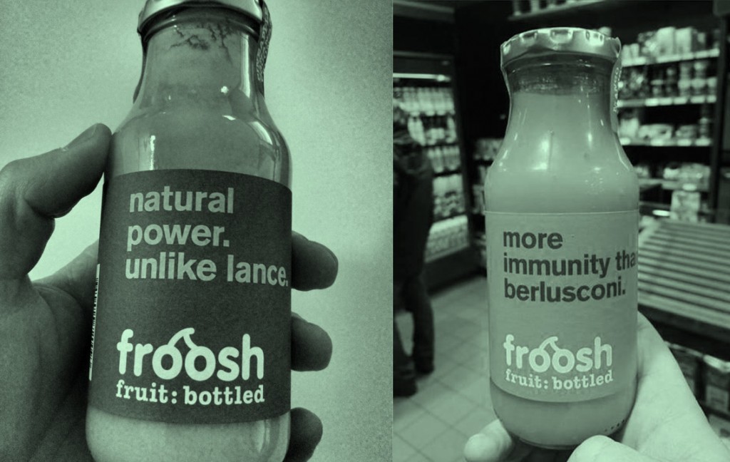 Labels from Froosh, a Swedish smoothie brand.