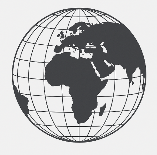 Black and white globe illustration with grid lines.