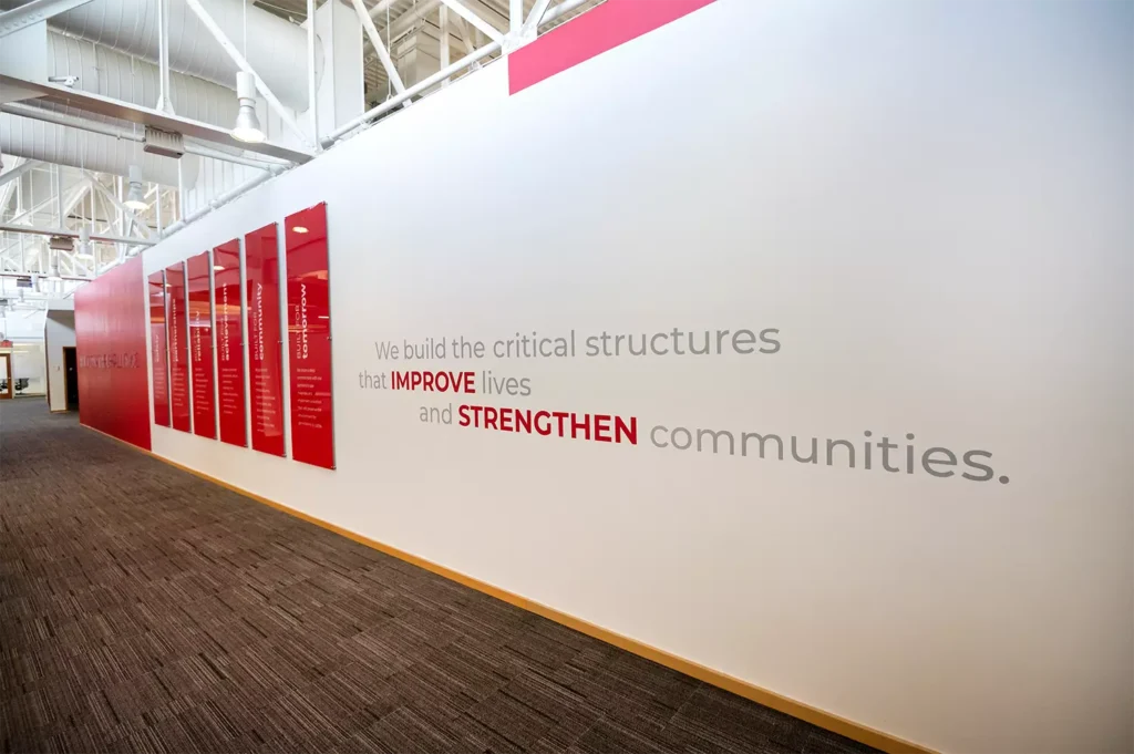Environmental branding signs highlight Alberici's values and mission