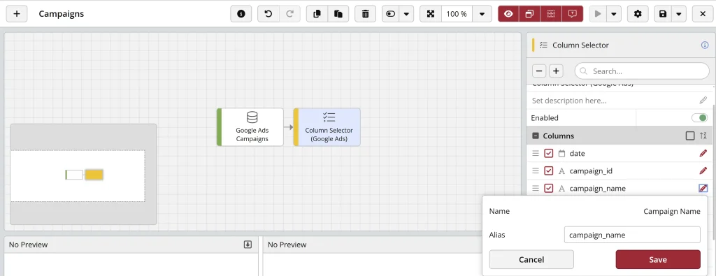 Google Ads workflow with column selector editing panel