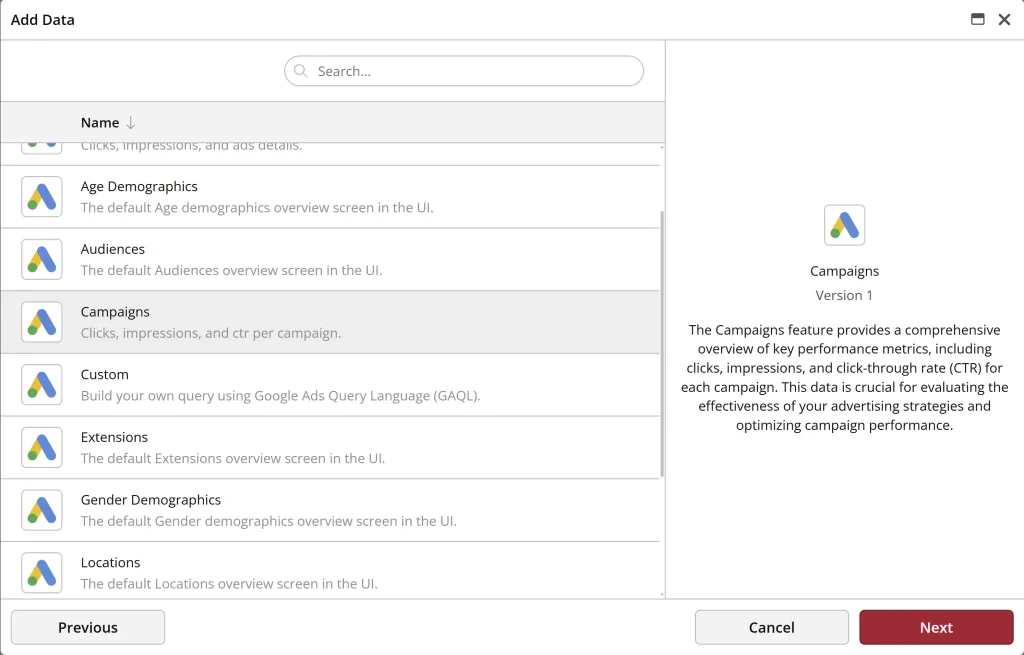Google Ads metrics interface overview screen.
