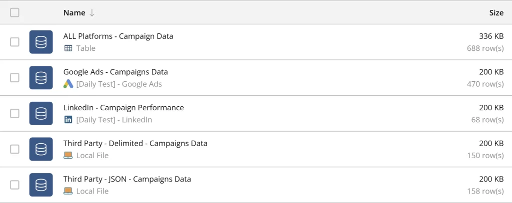 Data sources list with file sizes and rows.
