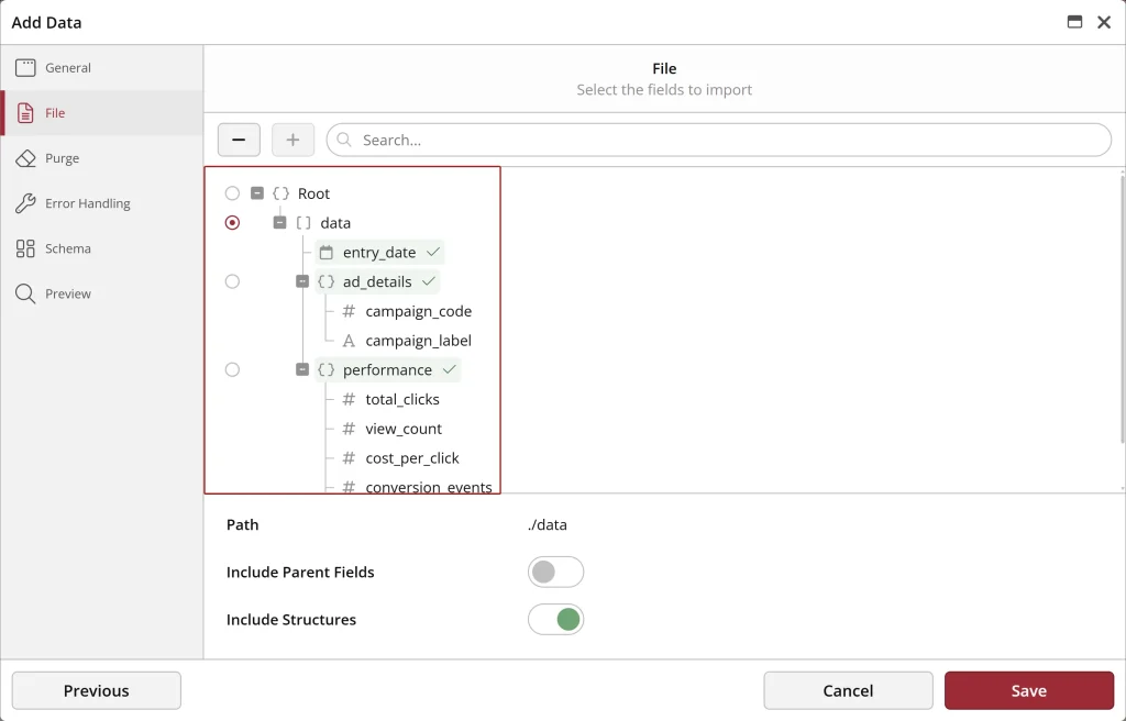 Data import fields and options in software window.