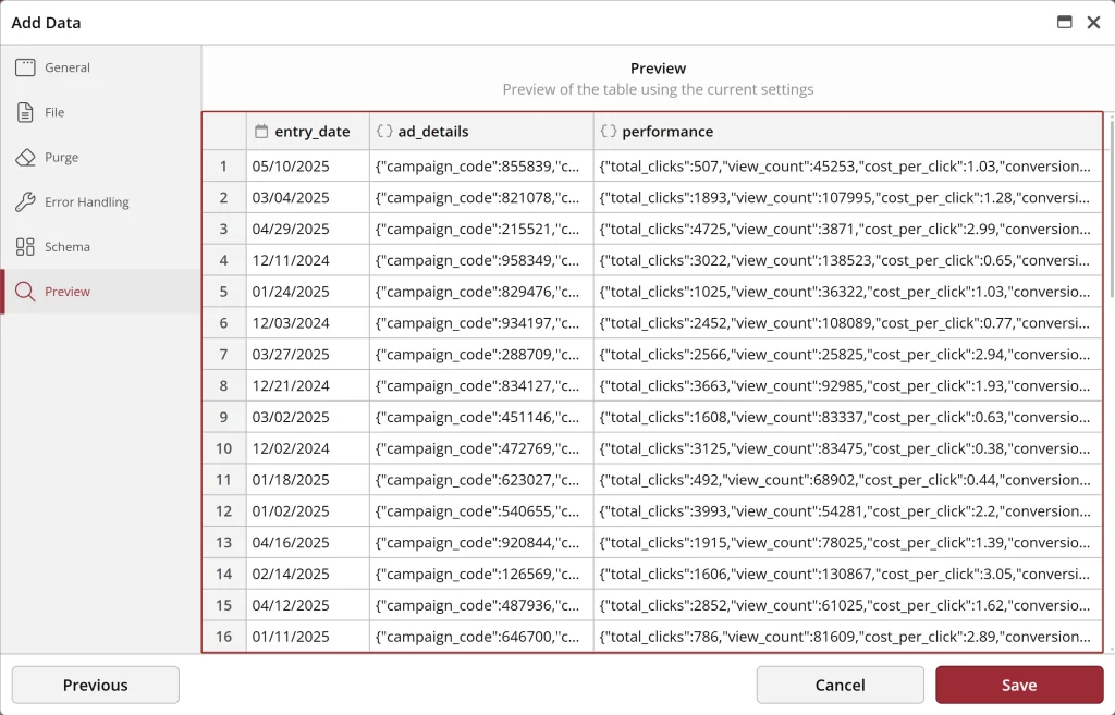 Data table preview in data management software.